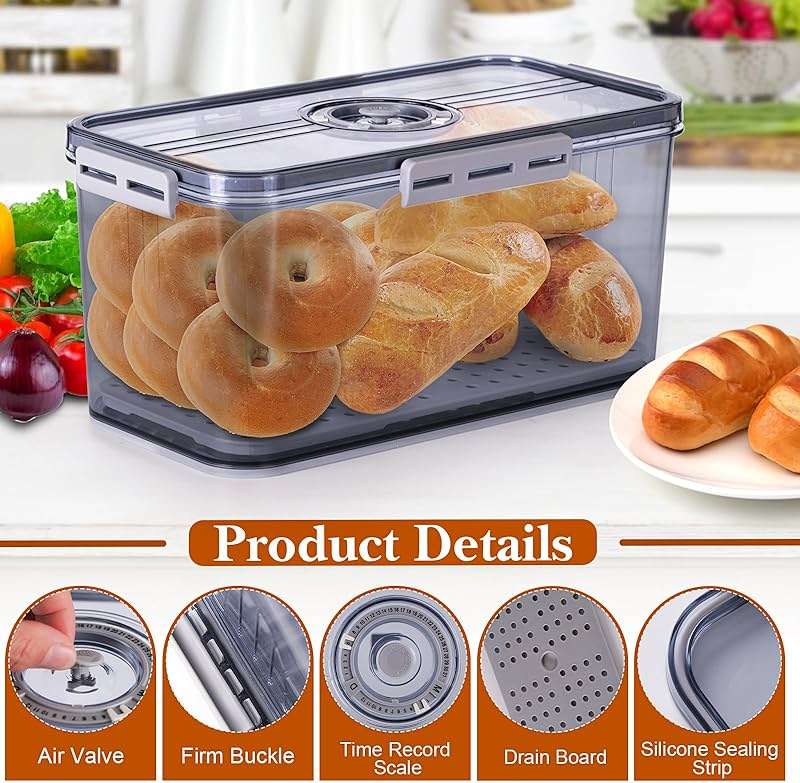 ANYPROLUS Bread Box for Homemade Bread Boxes for Kitchen Counter Airtight, Time Recording Bread Storage Container with Lid, Bread Containers Storage Airtight Loaf Bread Keeper, Grey - Image 3