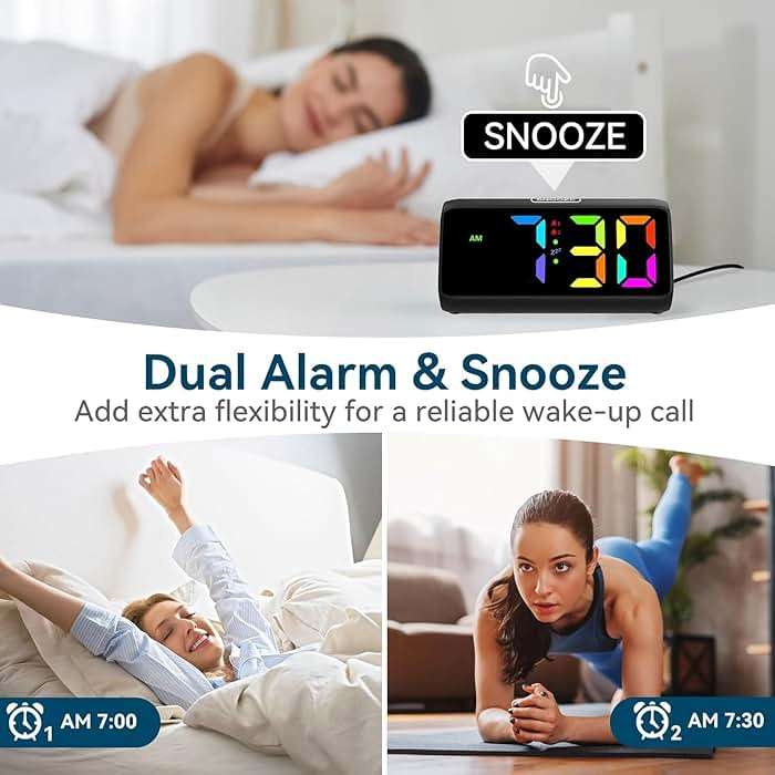 Netzu Loud Alarm Clock for Heavy Sleepers, RGB Alarm Clocks for Bedrooms Seniors Kids, Plug in Digital Clock with 5 Dimmers, 2 Alarms, 4 Volumes and Snooze - Image 4