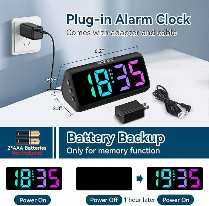Netzu Loud Alarm Clock for Heavy Sleepers, RGB Alarm Clocks for Bedrooms Seniors Kids, Plug in Digital Clock with 5 Dimmers, 2 Alarms, 4 Volumes and Snooze - Image 6