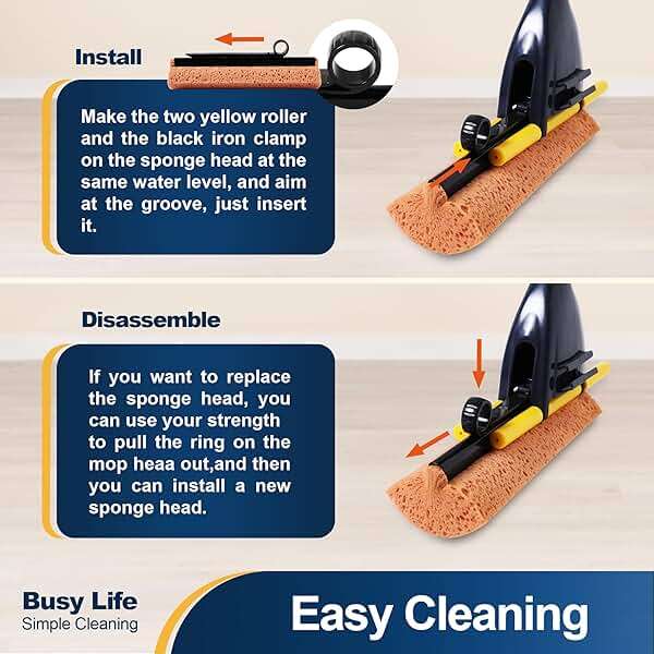 Yocada Sponge Mop Home Commercial Use Tile Floor Bathroom Garage Cleaning Total 3 Sponge Heads Squeegee and Extendable Telescopic Long Handle 42.5 to 52 Inches Easily Dry Wringing Only 3 Heads - Image 4