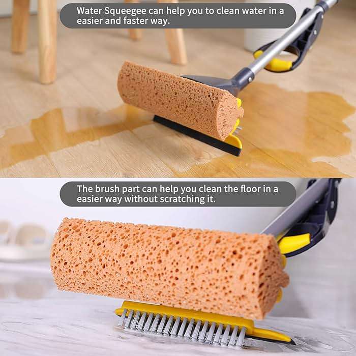Yocada Sponge Mop Home Commercial Use Tile Floor Bathroom Garage Cleaning Total 3 Sponge Heads Squeegee and Extendable Telescopic Long Handle 42.5 to 52 Inches Easily Dry Wringing Only 3 Heads - Image 5