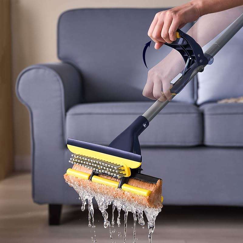 Yocada Sponge Mop Home Commercial Use Tile Floor Bathroom Garage Cleaning Total 3 Sponge Heads Squeegee and Extendable Telescopic Long Handle 42.5 to 52 Inches Easily Dry Wringing Only 3 Heads - Image 6