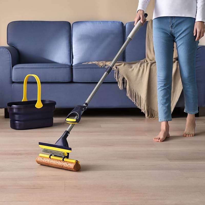 Yocada Sponge Mop Home Commercial Use Tile Floor Bathroom Garage Cleaning Total 3 Sponge Heads Squeegee and Extendable Telescopic Long Handle 42.5 to 52 Inches Easily Dry Wringing Only 3 Heads - Image 7