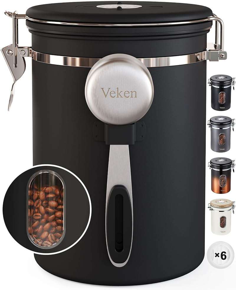 Veken Coffee Canister with Window,Airtight Stainless Steel Pantry Container,Kitchen Food Storage Organizers for Beans,Ground,Espresso,Rice,Tea,Sugar, Cereal, Bar Accessories,Gifts,Lids,Jars,22OZ,Black - Image 1