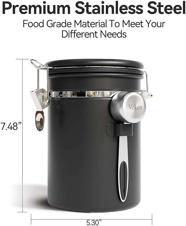 Veken Coffee Canister with Window,Airtight Stainless Steel Pantry Container,Kitchen Food Storage Organizers for Beans,Ground,Espresso,Rice,Tea,Sugar, Cereal, Bar Accessories,Gifts,Lids,Jars,22OZ,Black - Image 2