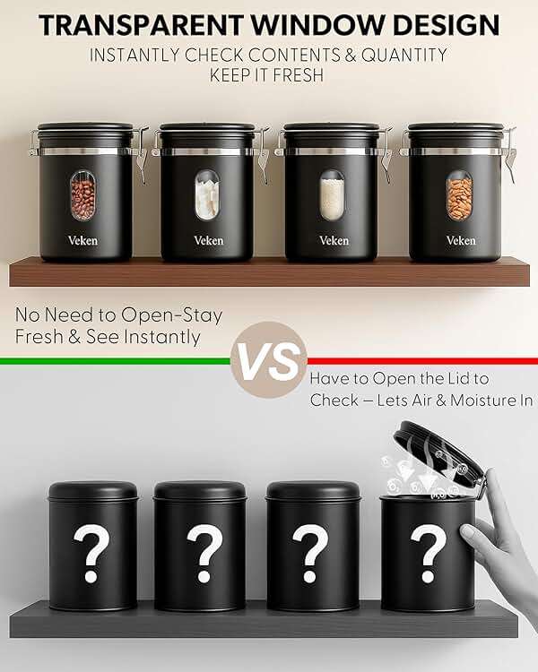 Veken Coffee Canister with Window,Airtight Stainless Steel Pantry Container,Kitchen Food Storage Organizers for Beans,Ground,Espresso,Rice,Tea,Sugar, Cereal, Bar Accessories,Gifts,Lids,Jars,22OZ,Black - Image 3