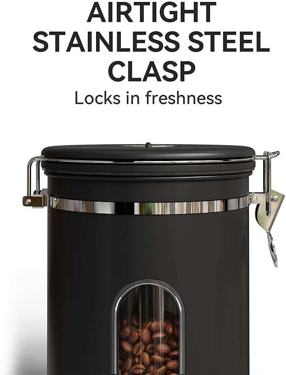Veken Coffee Canister with Window,Airtight Stainless Steel Pantry Container,Kitchen Food Storage Organizers for Beans,Ground,Espresso,Rice,Tea,Sugar, Cereal, Bar Accessories,Gifts,Lids,Jars,22OZ,Black - Image 4