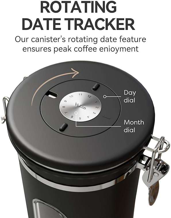 Veken Coffee Canister with Window,Airtight Stainless Steel Pantry Container,Kitchen Food Storage Organizers for Beans,Ground,Espresso,Rice,Tea,Sugar, Cereal, Bar Accessories,Gifts,Lids,Jars,22OZ,Black - Image 5
