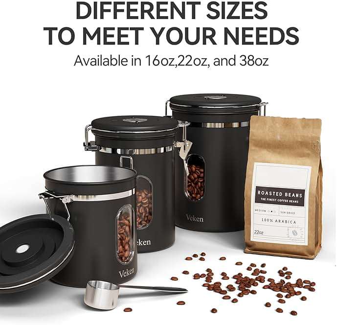Veken Coffee Canister with Window,Airtight Stainless Steel Pantry Container,Kitchen Food Storage Organizers for Beans,Ground,Espresso,Rice,Tea,Sugar, Cereal, Bar Accessories,Gifts,Lids,Jars,22OZ,Black - Image 7