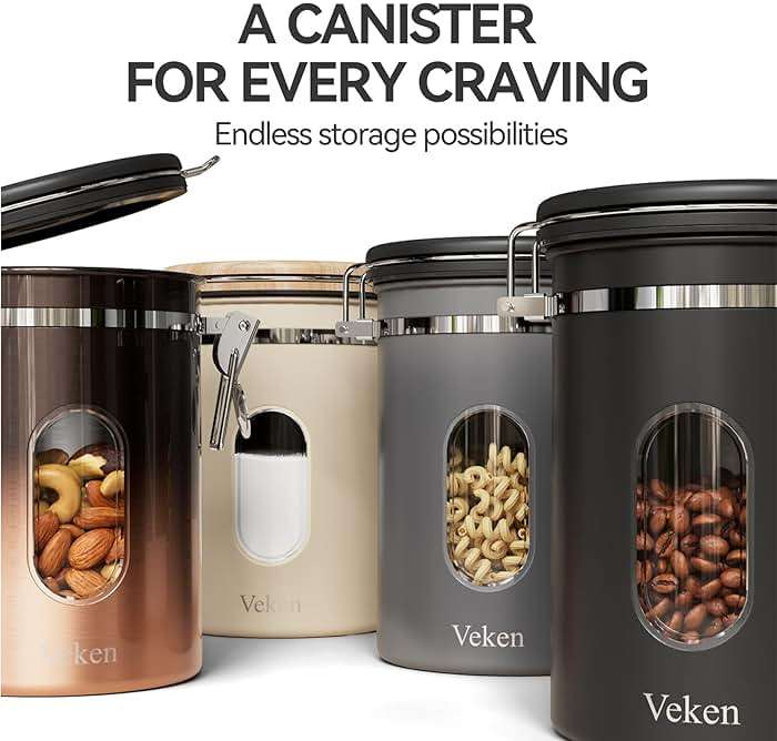 Veken Coffee Canister with Window,Airtight Stainless Steel Pantry Container,Kitchen Food Storage Organizers for Beans,Ground,Espresso,Rice,Tea,Sugar, Cereal, Bar Accessories,Gifts,Lids,Jars,22OZ,Black - Image 8