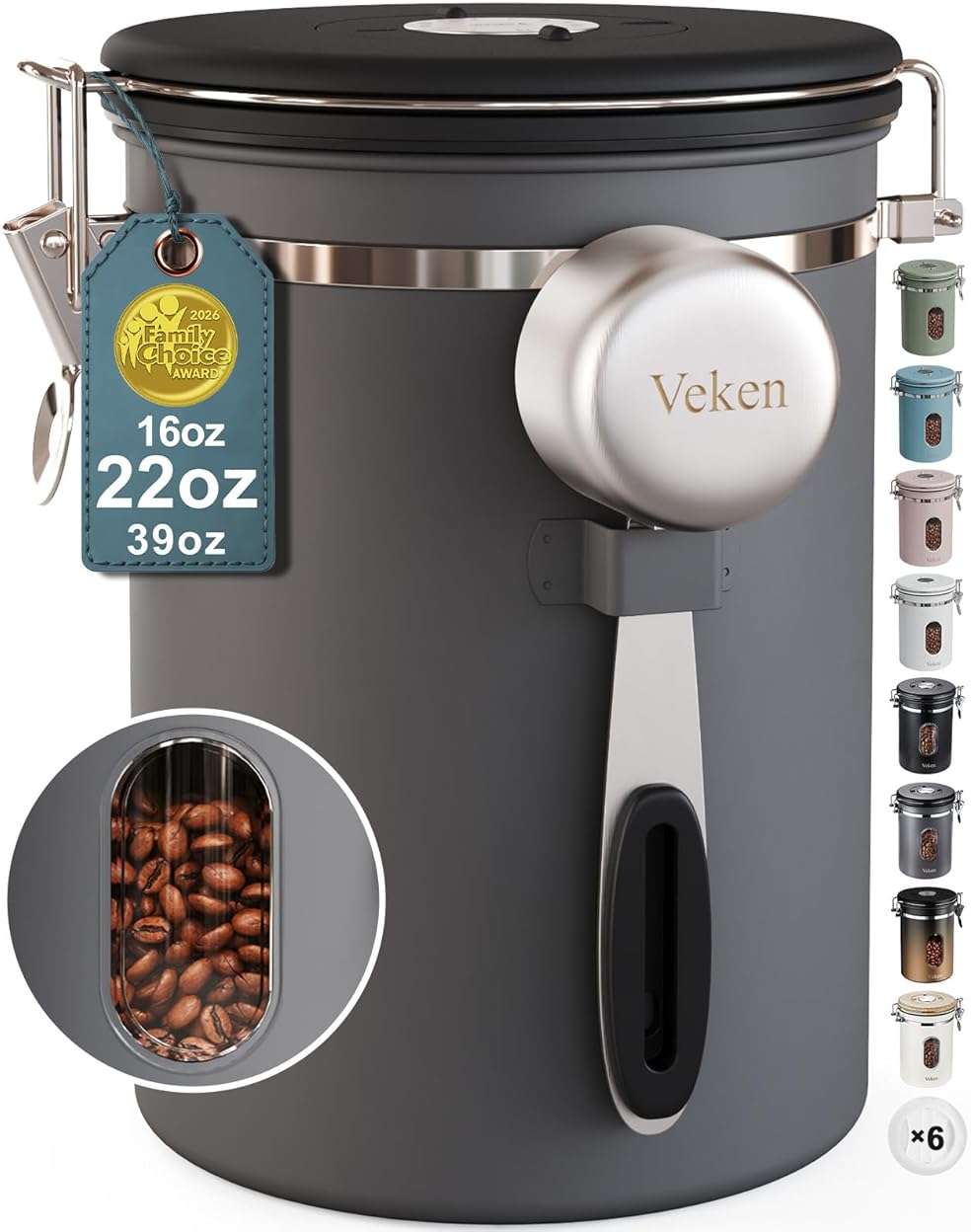 Veken Coffee Canister with Window,Airtight Stainless Steel Kitchen Food Storage Container, Date Tracker & Scoop for Grounds Coffee, Beans, Tea, Flour, Cereal,Sugar,22OZ,Grey - Image 1