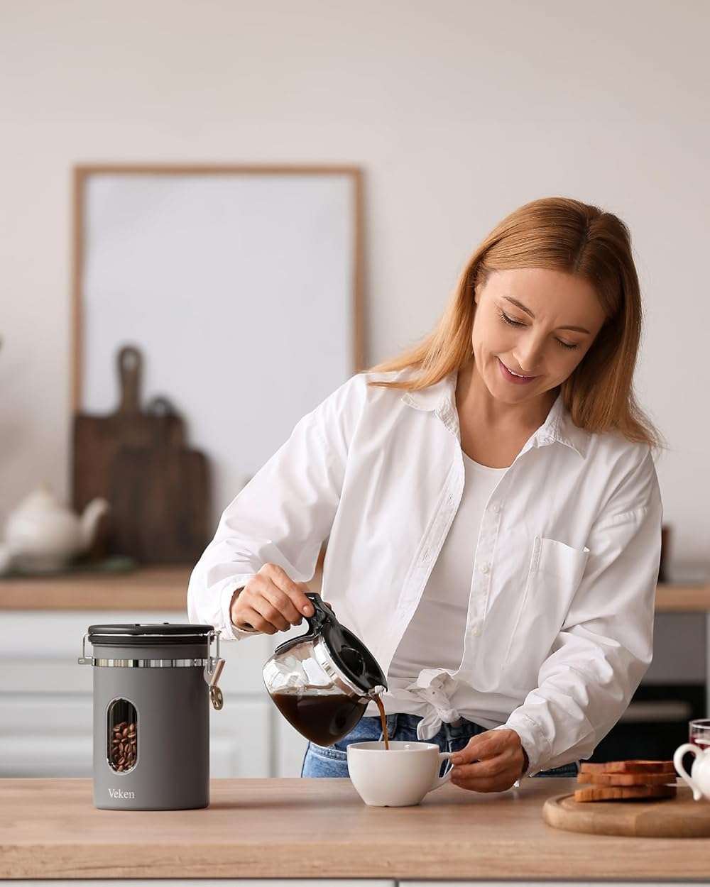 Veken Coffee Canister with Window,Airtight Stainless Steel Kitchen Food Storage Container, Date Tracker & Scoop for Grounds Coffee, Beans, Tea, Flour, Cereal,Sugar,22OZ,Grey - Image 2