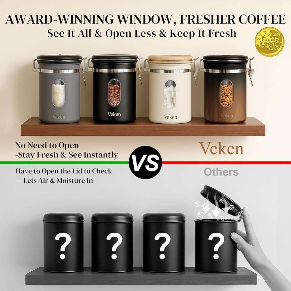 Veken Coffee Canister with Window,Airtight Stainless Steel Kitchen Food Storage Container, Date Tracker & Scoop for Grounds Coffee, Beans, Tea, Flour, Cereal,Sugar,22OZ,Grey - Image 3