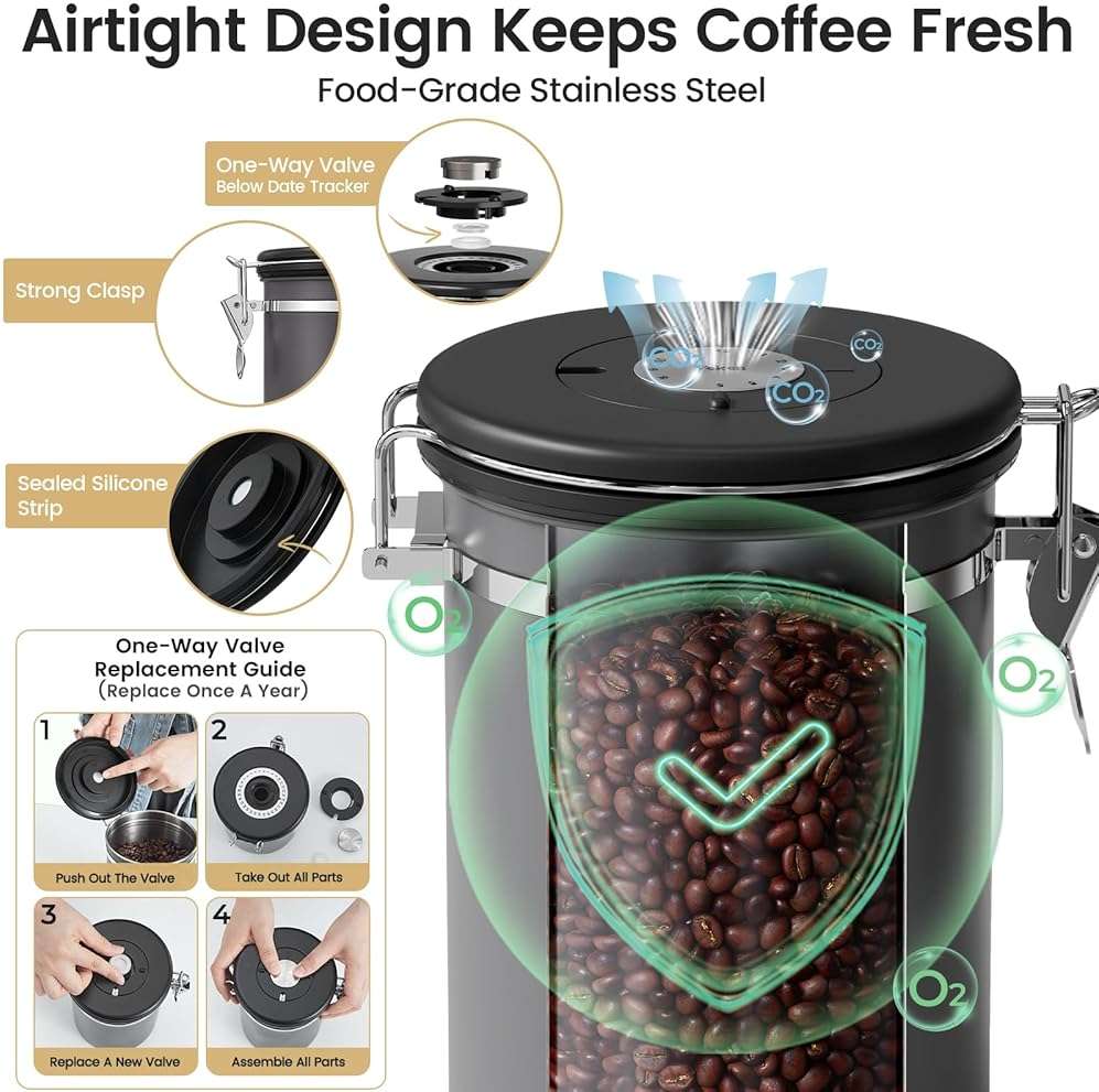 Veken Coffee Canister with Window,Airtight Stainless Steel Kitchen Food Storage Container, Date Tracker & Scoop for Grounds Coffee, Beans, Tea, Flour, Cereal,Sugar,22OZ,Grey - Image 4