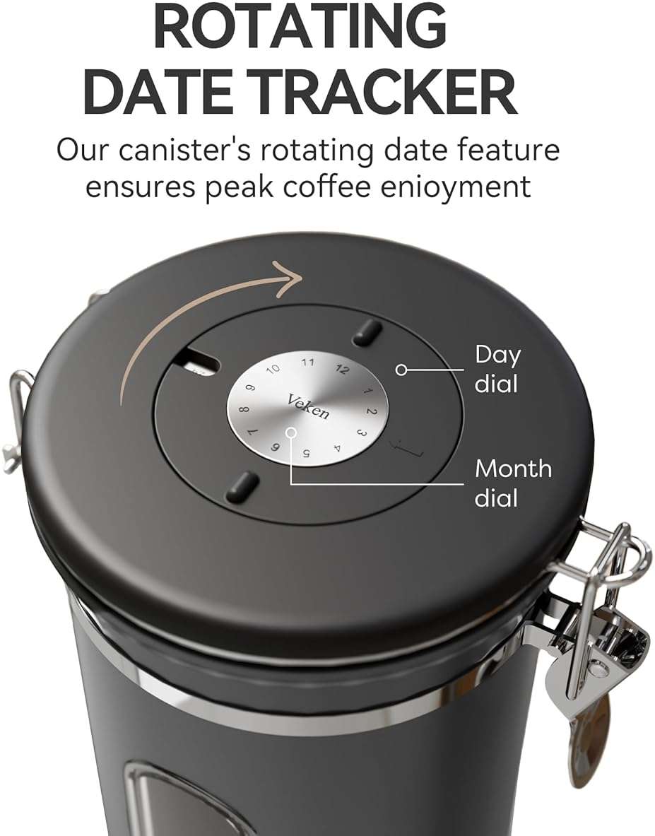 Veken Coffee Canister with Window,Airtight Stainless Steel Kitchen Food Storage Container, Date Tracker & Scoop for Grounds Coffee, Beans, Tea, Flour, Cereal,Sugar,22OZ,Grey - Image 5