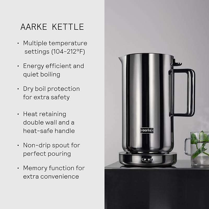 Aarke Stainless Steel Kettle - Perfect for Coffee and Tea Maker Enthusiasts, Non-Drip Spout, Double-Wall Construction, Dry Boil Protection, Heat-Safe Handle, LED Cool-Down Indicator, 1.2L (Steel) - Image 8