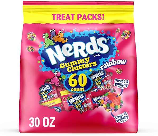 NERDS Gummy Clusters, Candy Treat Packs, Rainbow, Crunchy and Gummy, 30 oz (60 ct) - Image 1