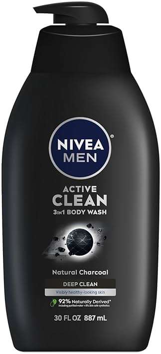 NIVEA Men Active Clean Body Wash with Natural Charcoal for Normal to Oily Skin, 3-in-1 Charcoal Body Wash, Face and Hair, Draws Out Dirt and Impurities, 30 Fl Oz Bottle - Image 1