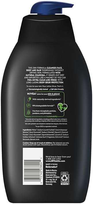 NIVEA Men Active Clean Body Wash with Natural Charcoal for Normal to Oily Skin, 3-in-1 Charcoal Body Wash, Face and Hair, Draws Out Dirt and Impurities, 30 Fl Oz Bottle - Image 11