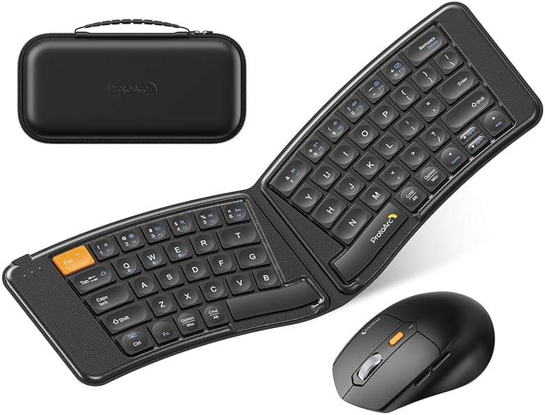 ProtoArc Ergonomic Foldable Keyboard Mouse, XKM03 Portable Folding Bluetooth Keyboard Mouse Combo for Business and Travel, Split Design, 3 Bluetooth, Rechargeable, for iPad, Tablet, iPhone, Laptop - Image 1