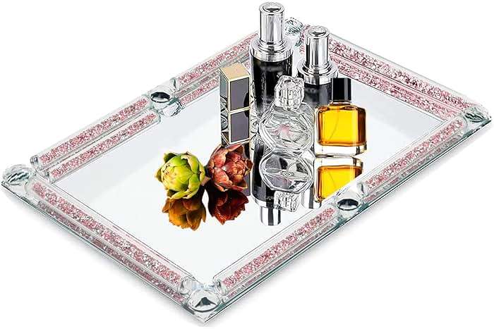 Crystal Perfume Tray,Crushed Diamond Filled Crystal Glass Tray,11.8" x 7.9" Rectangular Cosmetic Makeup Vanity Trays,Mirror Jewelry Trinket Tray,Serving Tray for Home Decor,Party,Hotel Banquet (Rose) - Image 1