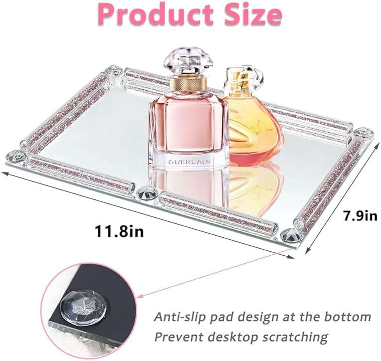 Crystal Perfume Tray,Crushed Diamond Filled Crystal Glass Tray,11.8" x 7.9" Rectangular Cosmetic Makeup Vanity Trays,Mirror Jewelry Trinket Tray,Serving Tray for Home Decor,Party,Hotel Banquet (Rose) - Image 3
