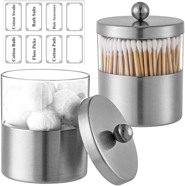 Gaussra Apothecary Jars, Qtip Holder - Brushed Stainless Steel Bathroom Jar with Stickers - Farmhouse Decor Qtip Dispenser for Qtips, Cotton Balls, Swabs, Makeup Sponges (2 Pack, Brushed Nickel) - Image 1