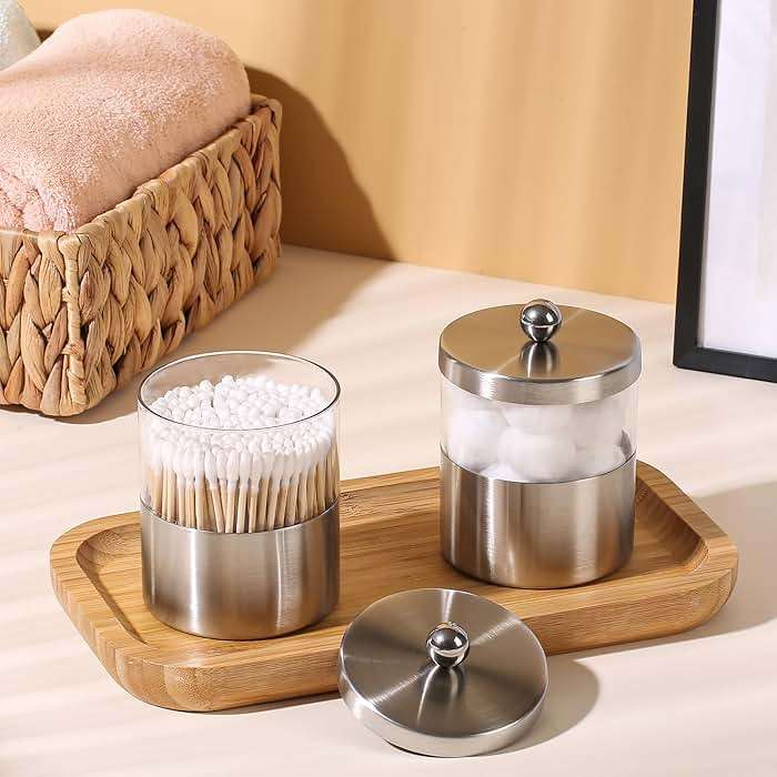 Gaussra Apothecary Jars, Qtip Holder - Brushed Stainless Steel Bathroom Jar with Stickers - Farmhouse Decor Qtip Dispenser for Qtips, Cotton Balls, Swabs, Makeup Sponges (2 Pack, Brushed Nickel) - Image 2
