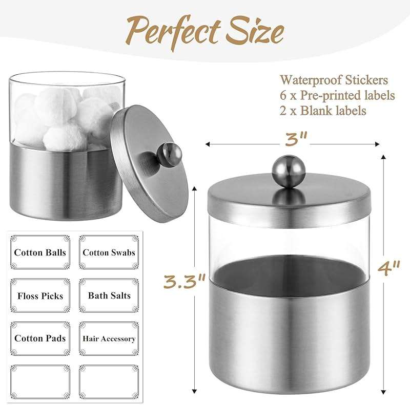 Gaussra Apothecary Jars, Qtip Holder - Brushed Stainless Steel Bathroom Jar with Stickers - Farmhouse Decor Qtip Dispenser for Qtips, Cotton Balls, Swabs, Makeup Sponges (2 Pack, Brushed Nickel) - Image 3