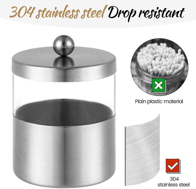 Gaussra Apothecary Jars, Qtip Holder - Brushed Stainless Steel Bathroom Jar with Stickers - Farmhouse Decor Qtip Dispenser for Qtips, Cotton Balls, Swabs, Makeup Sponges (2 Pack, Brushed Nickel) - Image 4