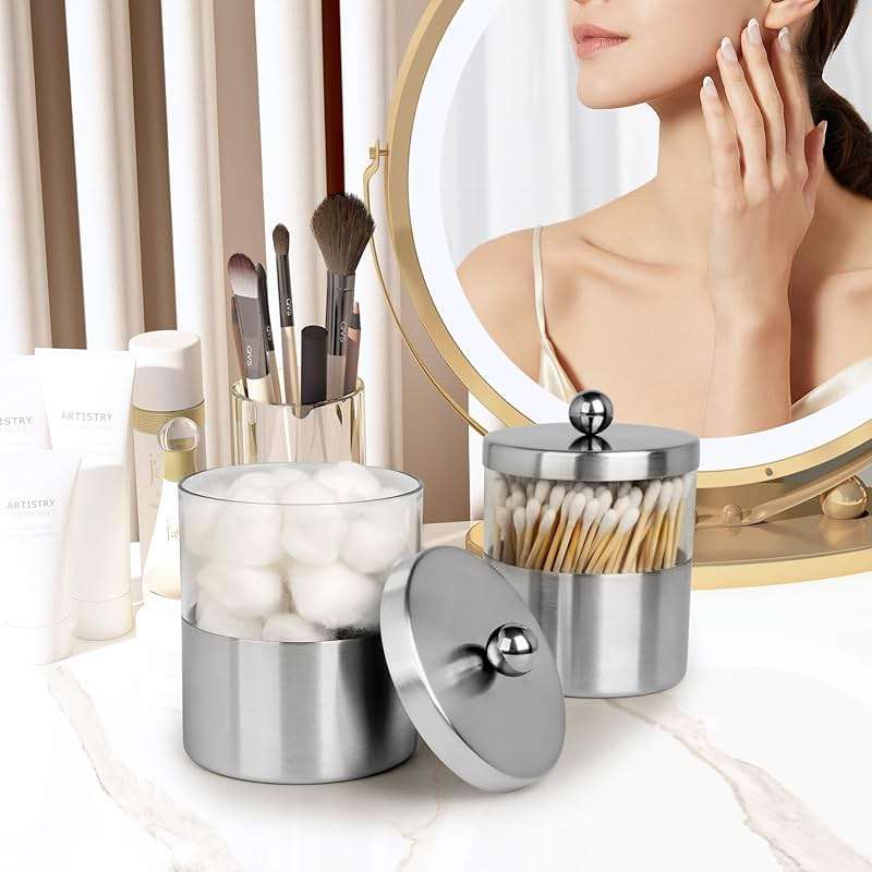 Gaussra Apothecary Jars, Qtip Holder - Brushed Stainless Steel Bathroom Jar with Stickers - Farmhouse Decor Qtip Dispenser for Qtips, Cotton Balls, Swabs, Makeup Sponges (2 Pack, Brushed Nickel) - Image 6