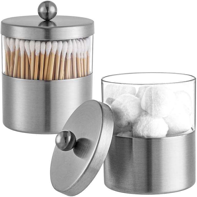 Gaussra Apothecary Jars, Qtip Holder - Brushed Stainless Steel Bathroom Jar with Stickers - Farmhouse Decor Qtip Dispenser for Qtips, Cotton Balls, Swabs, Makeup Sponges (2 Pack, Brushed Nickel) - Image 7