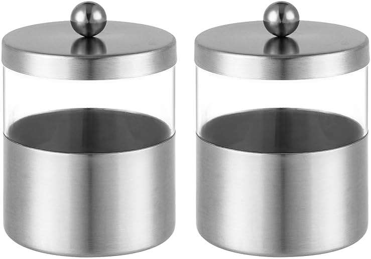 Gaussra Apothecary Jars, Qtip Holder - Brushed Stainless Steel Bathroom Jar with Stickers - Farmhouse Decor Qtip Dispenser for Qtips, Cotton Balls, Swabs, Makeup Sponges (2 Pack, Brushed Nickel) - Image 8