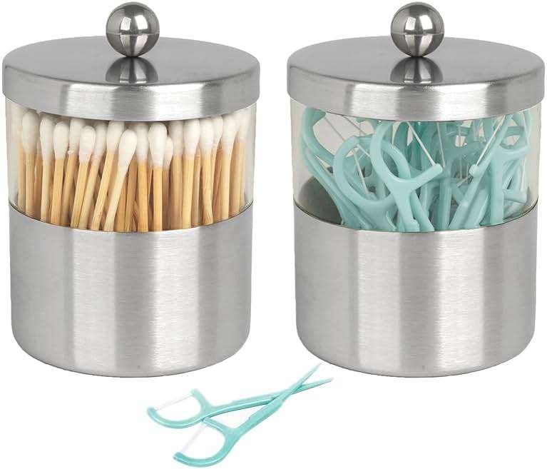 Gaussra Apothecary Jars, Qtip Holder - Brushed Stainless Steel Bathroom Jar with Stickers - Farmhouse Decor Qtip Dispenser for Qtips, Cotton Balls, Swabs, Makeup Sponges (2 Pack, Brushed Nickel) - Image 9