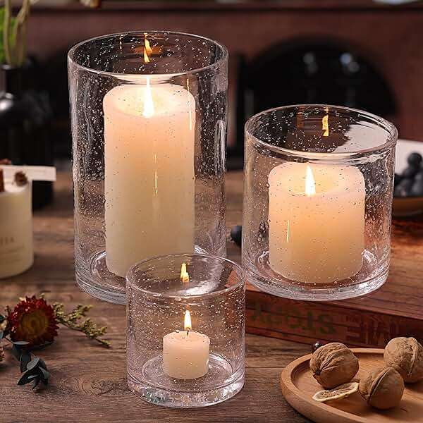 NITIME Hurricane Candle Holder Set of 3 Clear Candle Holders for Pillar Candles, Seeded Bubbles Glass Candle Holder for table centerpiece, Glass Cylinder Vases for Home, Patio and Wedding 8"4.7"3.5"H - Image 1