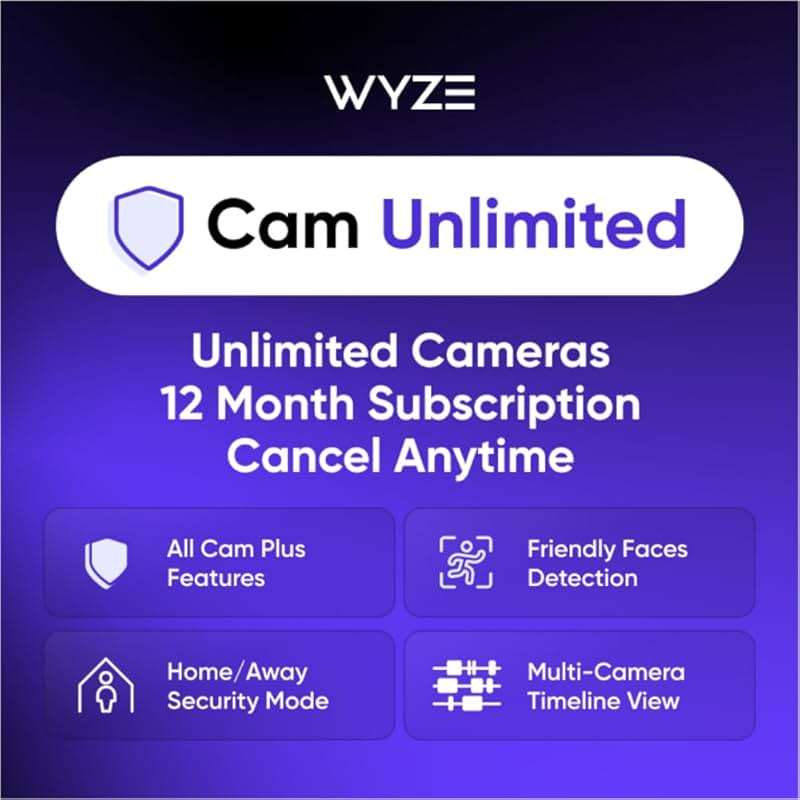 Wyze Security Plan - Cam Unlimited | Unlimited Cameras | 12 months Subscription. Full AI features | Facial Recognition for Friendly Faces | Smart Detection for Person, Pet, Package, Vehicle and Glass Break | Security Surveillance and Monitoring | Rolling 14 Days Event Video Recording | Activation Required | Cancel Anytime - Image 1