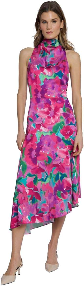 Maggy London Women's High Neck Halter Asymmetrical Fit and Flare Midi Dress | Wedding Guest Dresses for Women - Image 1
