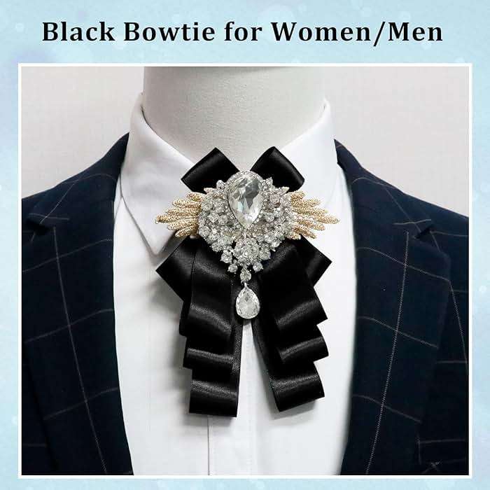Luckyvestir Womens Mens Bow Tie Ribbon Black Rhinestone Bow Ties Men Large Crystal Bowknot Bowtie for Wedding Party Banquet - Image 2