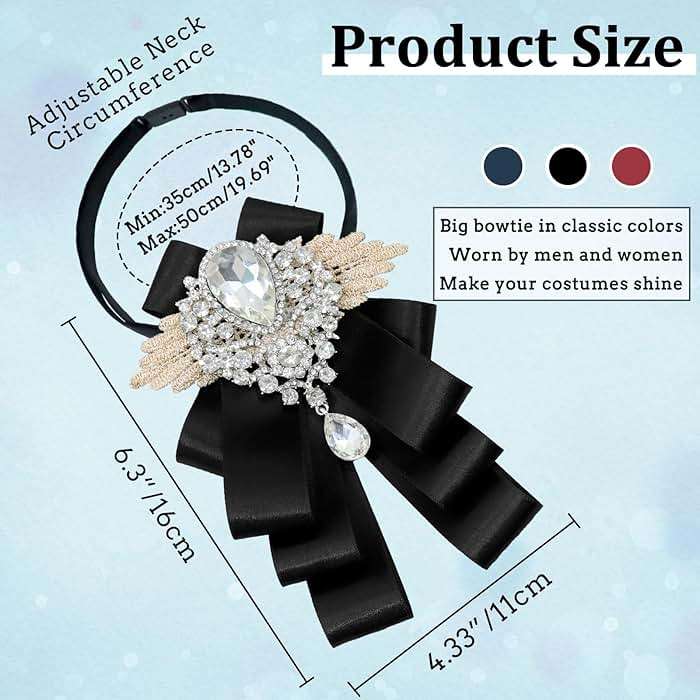 Luckyvestir Womens Mens Bow Tie Ribbon Black Rhinestone Bow Ties Men Large Crystal Bowknot Bowtie for Wedding Party Banquet - Image 4