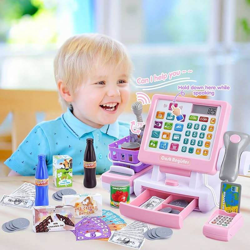 PLAY Kids Cash Register Toy - Pretend Play Calculator Register Toys with Microphone/Conveyors/Play Money/Scanner/Credit Card/Cans/Drink, 3+ Toddler Develops Early Math Skills Learning Toys - Image 2