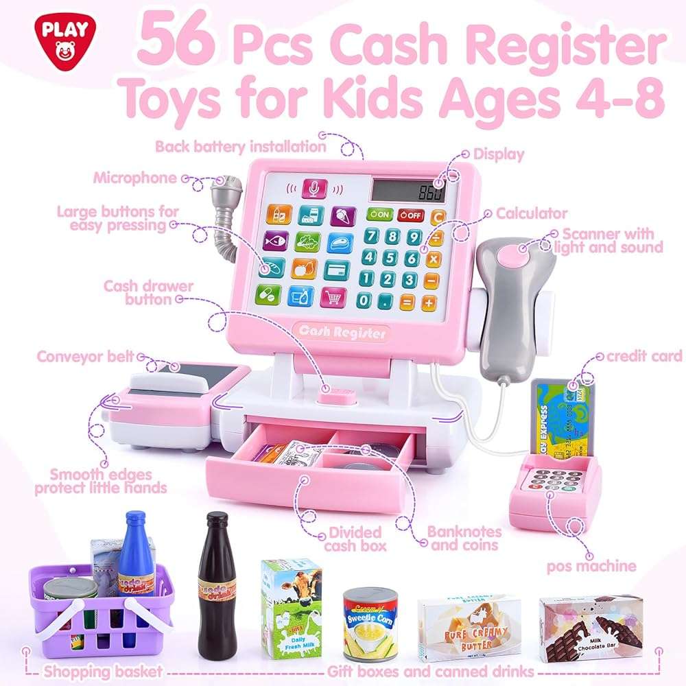 PLAY Kids Cash Register Toy - Pretend Play Calculator Register Toys with Microphone/Conveyors/Play Money/Scanner/Credit Card/Cans/Drink, 3+ Toddler Develops Early Math Skills Learning Toys - Image 3