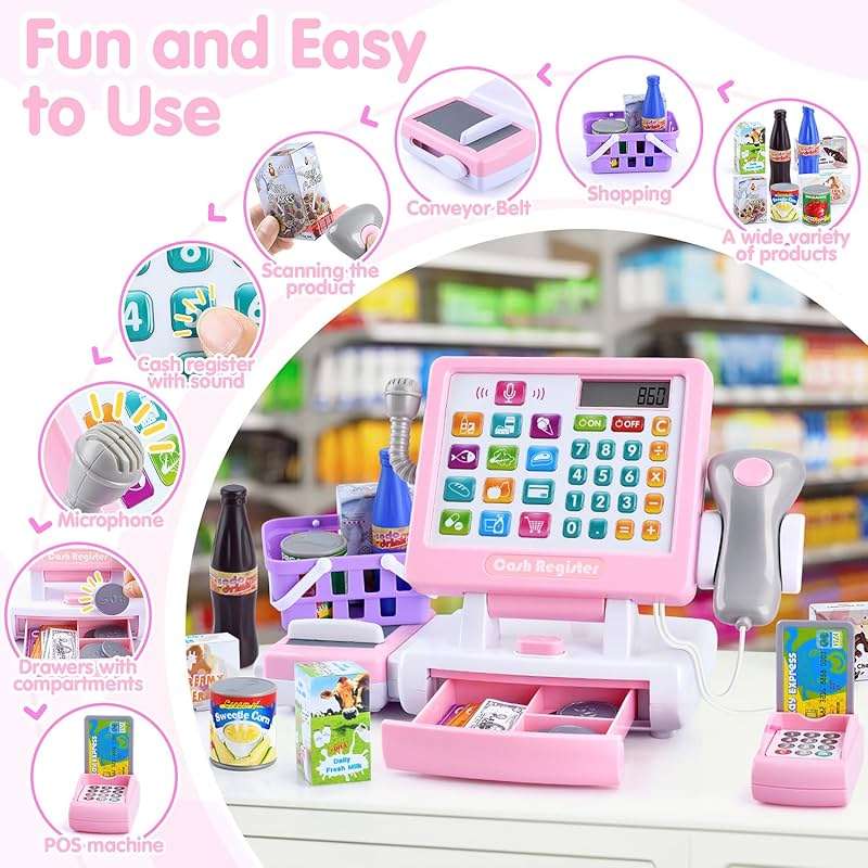 PLAY Kids Cash Register Toy - Pretend Play Calculator Register Toys with Microphone/Conveyors/Play Money/Scanner/Credit Card/Cans/Drink, 3+ Toddler Develops Early Math Skills Learning Toys - Image 4