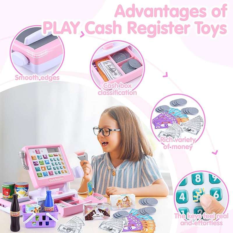 PLAY Kids Cash Register Toy - Pretend Play Calculator Register Toys with Microphone/Conveyors/Play Money/Scanner/Credit Card/Cans/Drink, 3+ Toddler Develops Early Math Skills Learning Toys - Image 5