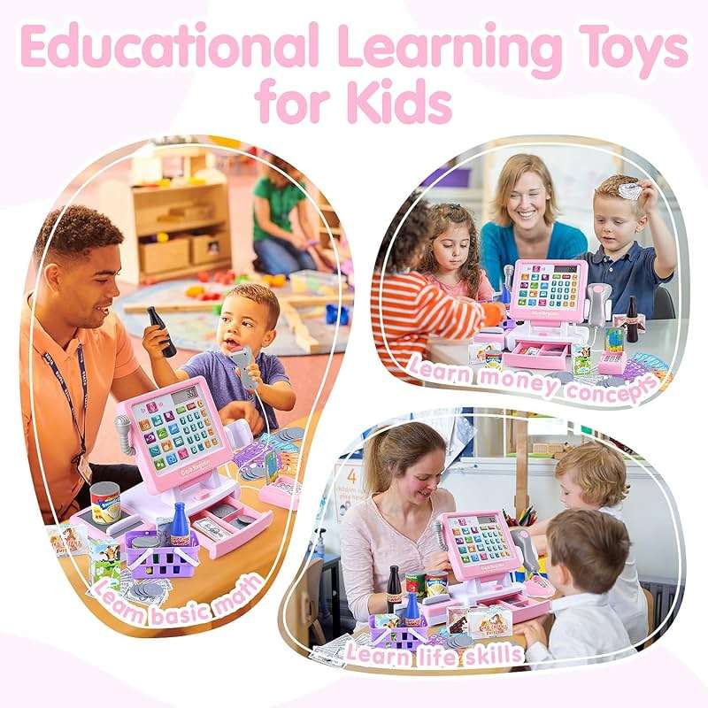 PLAY Kids Cash Register Toy - Pretend Play Calculator Register Toys with Microphone/Conveyors/Play Money/Scanner/Credit Card/Cans/Drink, 3+ Toddler Develops Early Math Skills Learning Toys - Image 6
