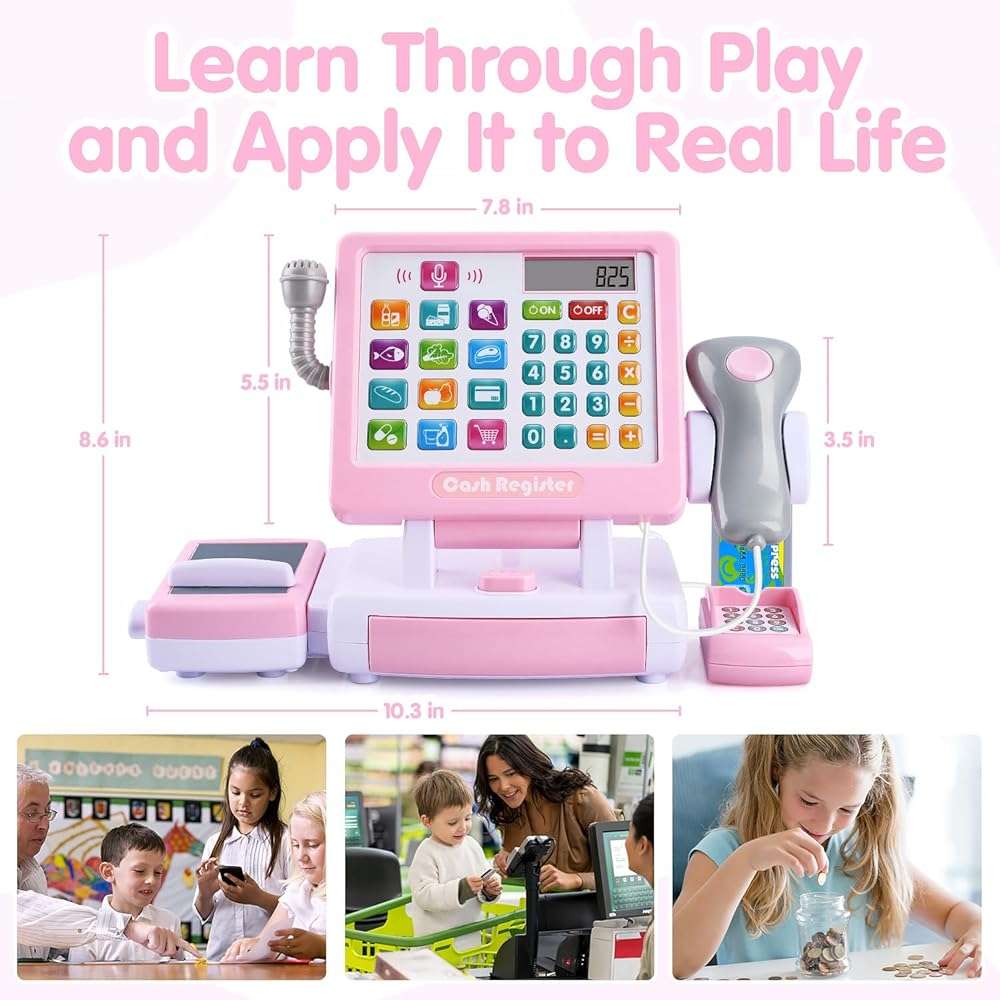 PLAY Kids Cash Register Toy - Pretend Play Calculator Register Toys with Microphone/Conveyors/Play Money/Scanner/Credit Card/Cans/Drink, 3+ Toddler Develops Early Math Skills Learning Toys - Image 7