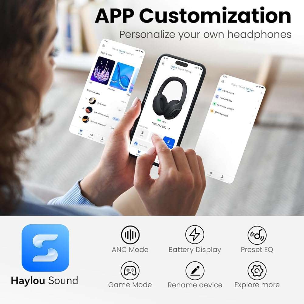 HAYLOU S30 Noise Cancelling Bluetooth Headphones, LDAC Hi-Res Audio, 5 HD Mics Call, 80H Playtime, Custom EQ via App, Bluetooth 5.4 Multipoint Connect, Wireless Headphones Over Ear - Image 6