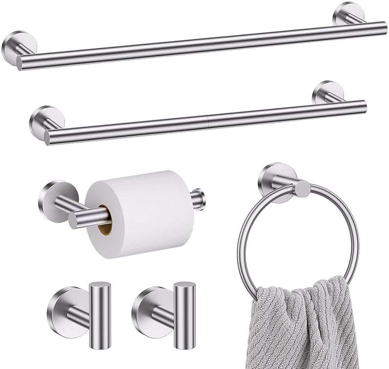 Brushed Nickel Bathroom Hardware Set, 6 Pieces Towel Bar Bathroom Accessories Set Toilet Paper Holder Towel Holder Towel Ring and Towel Hooks Wall Mounted, SUS304 Stainless Steel Towel Rack Set - Image 1