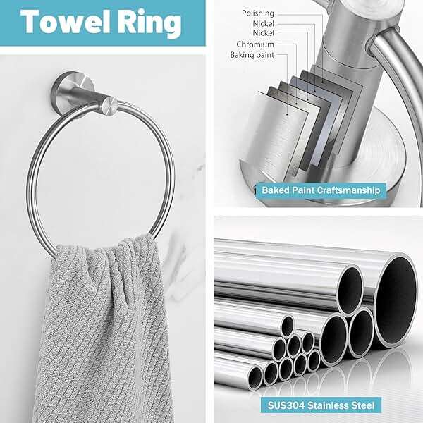 Brushed Nickel Bathroom Hardware Set, 6 Pieces Towel Bar Bathroom Accessories Set Toilet Paper Holder Towel Holder Towel Ring and Towel Hooks Wall Mounted, SUS304 Stainless Steel Towel Rack Set - Image 5