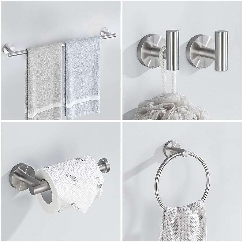 Brushed Nickel Bathroom Hardware Set, 6 Pieces Towel Bar Bathroom Accessories Set Toilet Paper Holder Towel Holder Towel Ring and Towel Hooks Wall Mounted, SUS304 Stainless Steel Towel Rack Set - Image 7