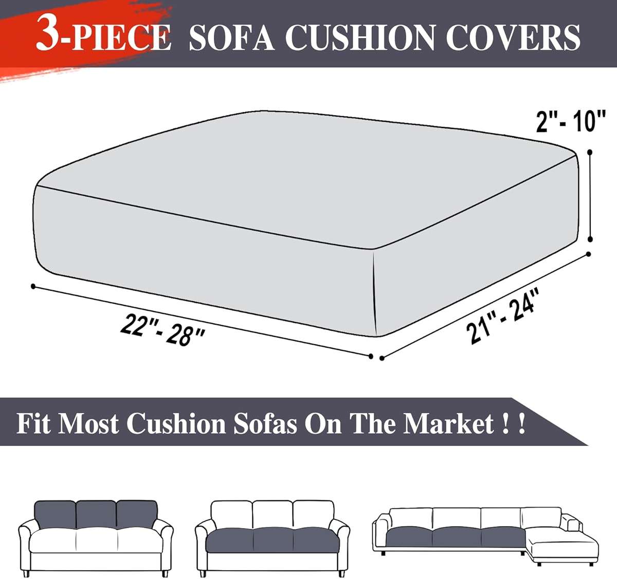 LA MEACK Couch Cushion Covers Seat Cushion Cover Stretch Couch Cover Separate Sectional Sofa Slipcovers Furniture Protector(3 Pieces for Seat or Sofa Backrest, Dark Grey) - Image 2